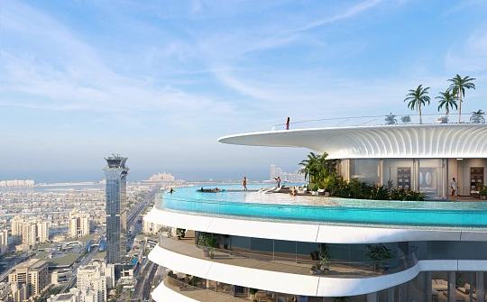 Высокий жилой комплекс с искусственными озёрами и песчаным пляжем, The Palm Jumeirah, Дубай, ОАЭ