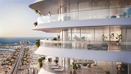 Высокий жилой комплекс с искусственными озёрами и песчаным пляжем, The Palm Jumeirah, Дубай, ОАЭ