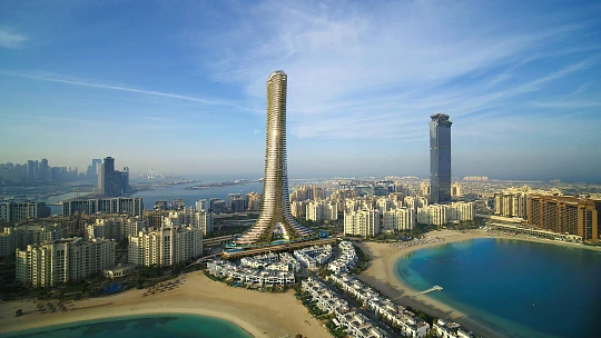 Высокий жилой комплекс с искусственными озёрами и песчаным пляжем, The Palm Jumeirah, Дубай, ОАЭ